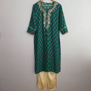 NWT Kurta with Golden Neck Embroidery and Golden Satin Pants